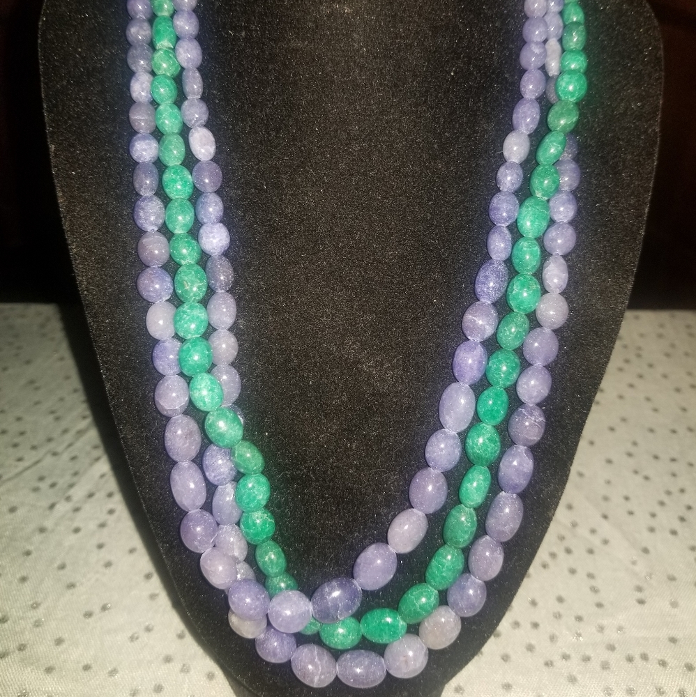 NWT Genuine Sapphire and Emerald Beads 3 Strand Handmade Necklace